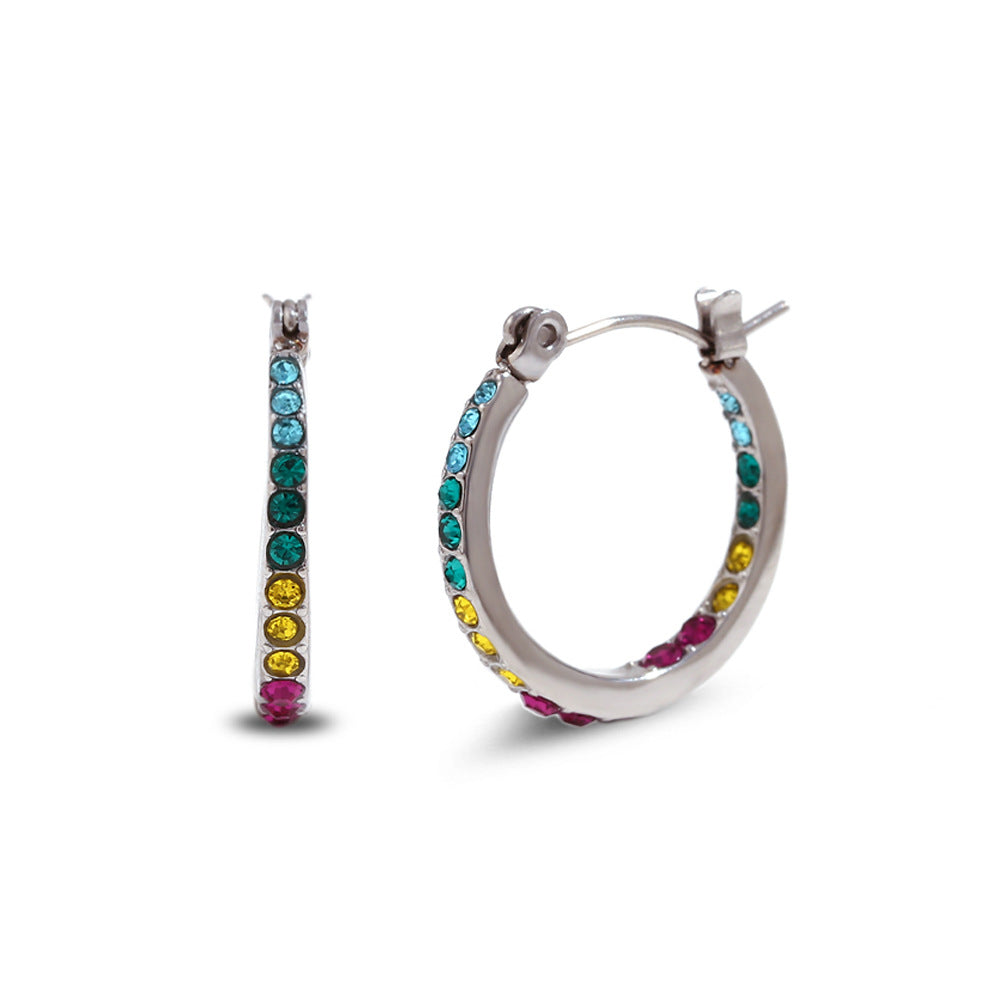 Minimalist Geometric Stainless Steel Earrings with 18K Gold Plating and White Rhinestone Inlay for Women