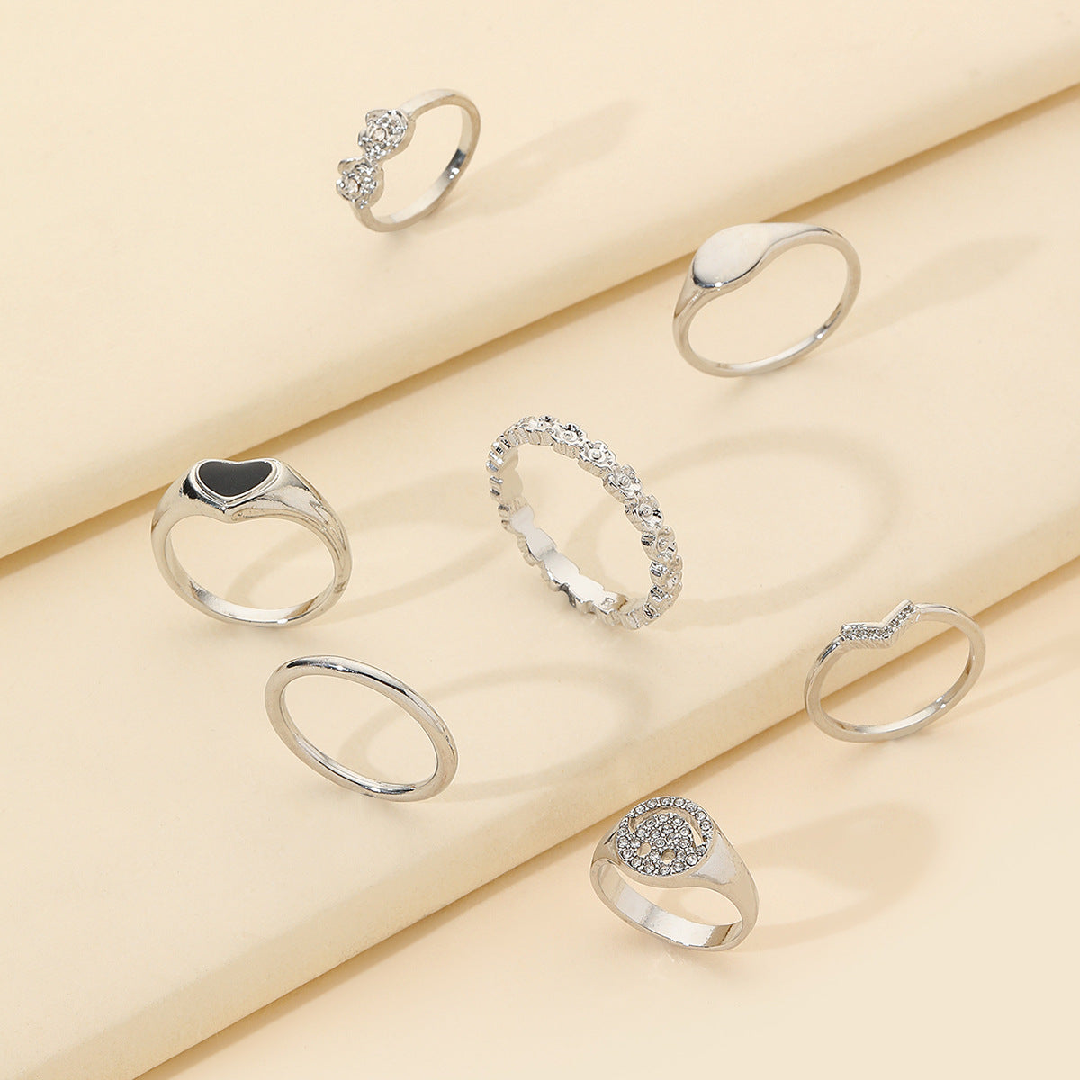 Cool Streetwear Hip-hop Drip Oil Heart Round Geometric Alloy Plated Ring Set with Rhinestone and Crystal for Unisex