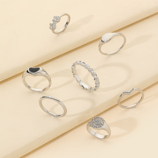 Cool Streetwear Hip-hop Drip Oil Heart Round Geometric Alloy Plated Ring Set with Rhinestone and Crystal for Unisex