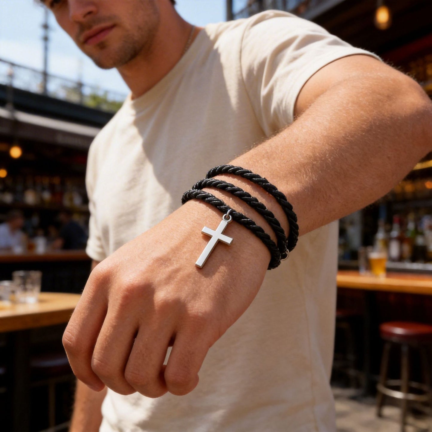 Multi-layer Woven Black Stainless Steel Cross Bracelet Handmade Geometric Jewelry