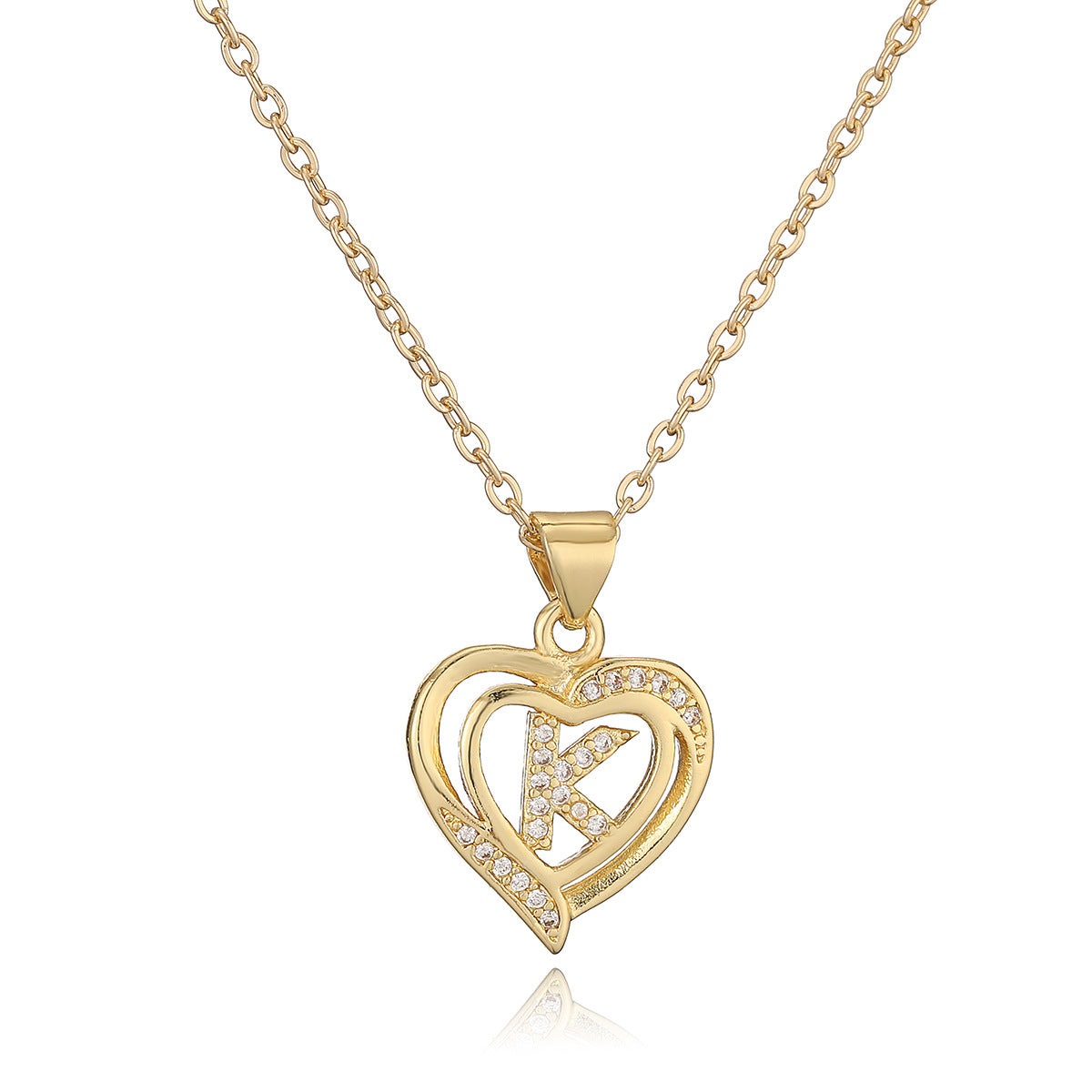 Collana con Pendente Minimalista in Rame, Placcatura in Oro 18K e Dettagli in Zircone a Forma di Cuore e Lettera per Donne