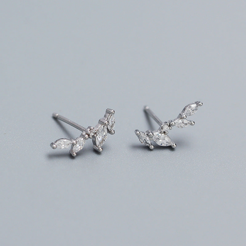 Sweet 925 Sterling Silver Geometric Leaf Olive Branch Cubic Zirconia Stud Earrings