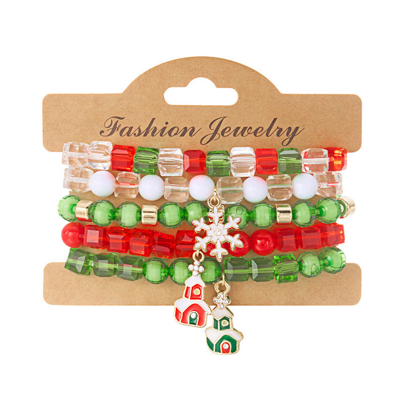 Bracciale Elastico Natalizio alla Moda con Perline in Lega e Ciondoli a Forma di Fiocco di Neve, Renna e Babbo Natale per Donna