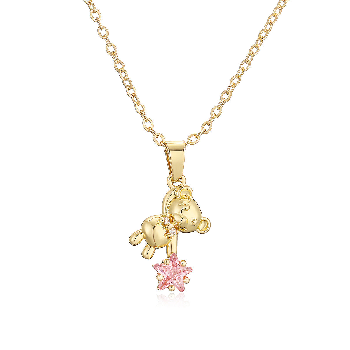 Minimalist Bear-Shaped Copper Pendant Necklace with Real Gold Plating and Zircon Accents for Women