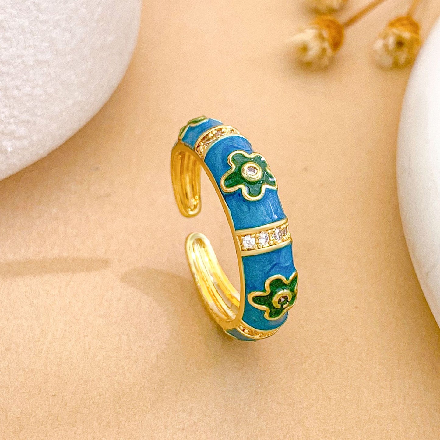 Sweet Floral Enamel Drip Oil Brass Ring with Cubic Zirconia Inlay 18K Gold Plated Adjustable for Women