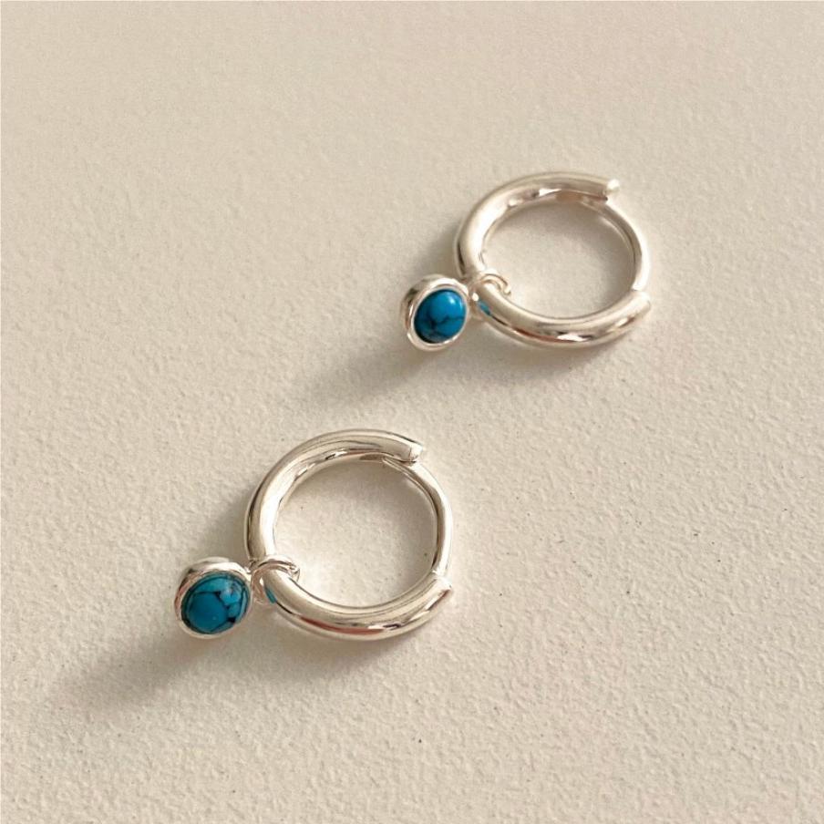 Minimalist Geometric Letter Shape 925 Sterling Silver Stud Earrings with Blue Turquoise Inlay for Women