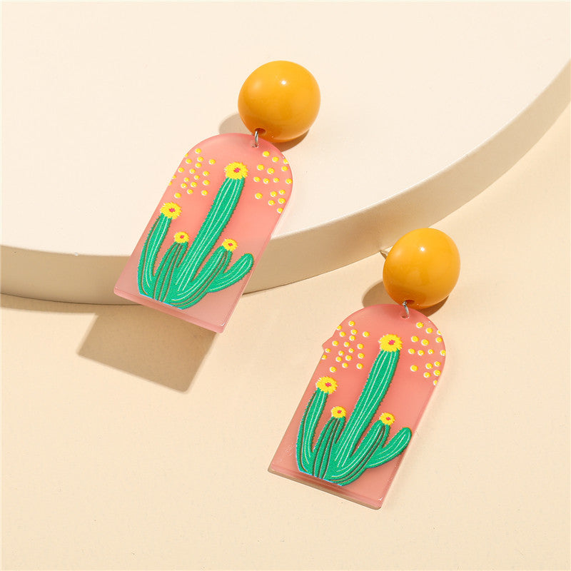 Aretes rústicos de acrílico con forma de cactus, con postes de plata de ley 925 para niños y adolescentes