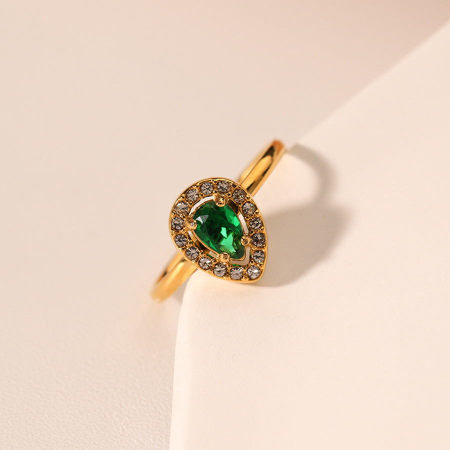 Ins Style Teardrop Shaped Stainless Steel Ring with Green Zircon Inlay and 18K Vacuum Plated Gold Finish