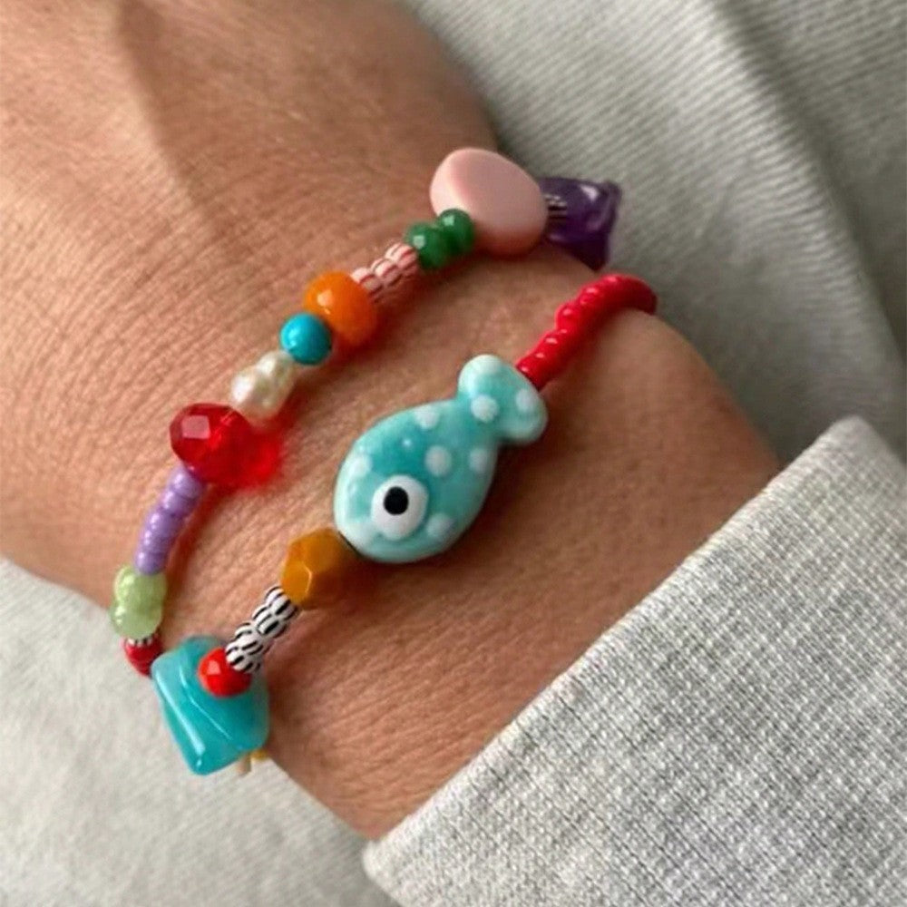 Sweet Geometric Heart Ceramic Imitation Pearl Glass Crystal Beaded Bracelet