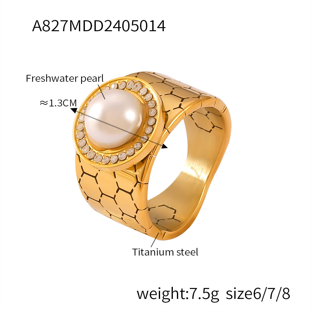 Luxury Geometric Heart Shaped Gold Plated Titanium Steel Ring with Freshwater Pearl and Gemstone Inlay for Women