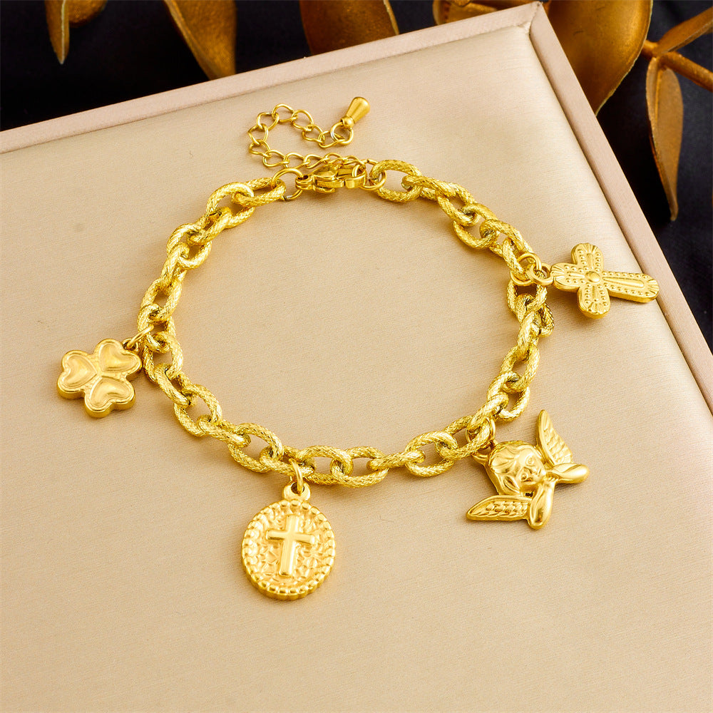 Vintage Luxury Style Oval Cross Angel Pendant Bracelet for Women with Gold Plated Stainless Steel Thick Chain
