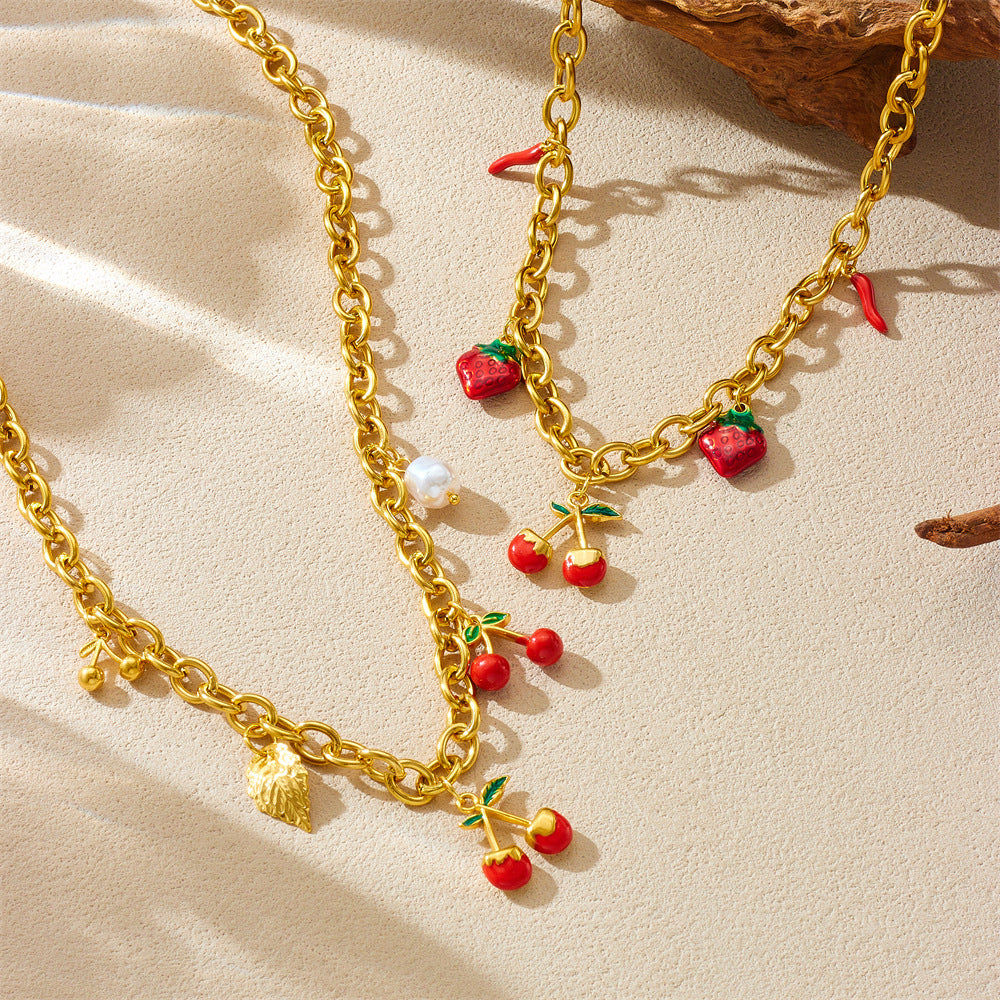 Minimalist Fruit-Shaped Stainless Steel Pendant Necklace with Enamel Finish and O-Chain for Women