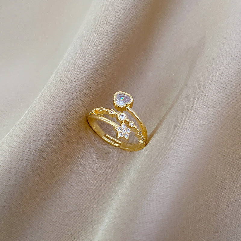 Kawaii Fresh and Sweet Plated Brass Heart Star Ring Adjustable Minimalist Jewelry for Women