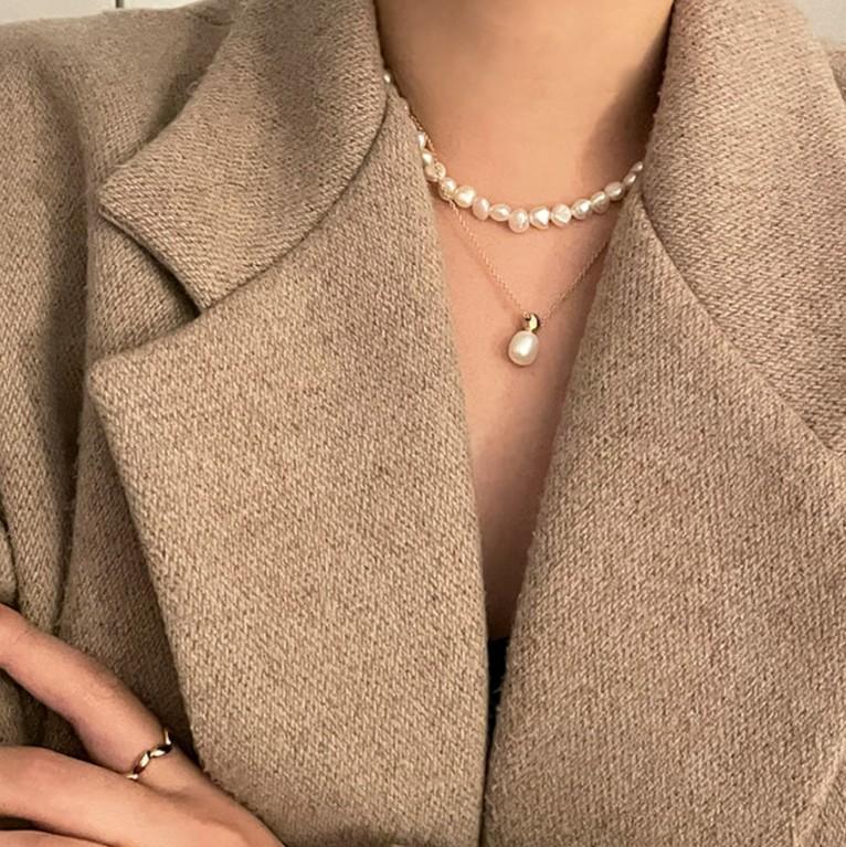 Natural Minimalist Geometric Pearl Accent 925 Sterling Silver Necklace