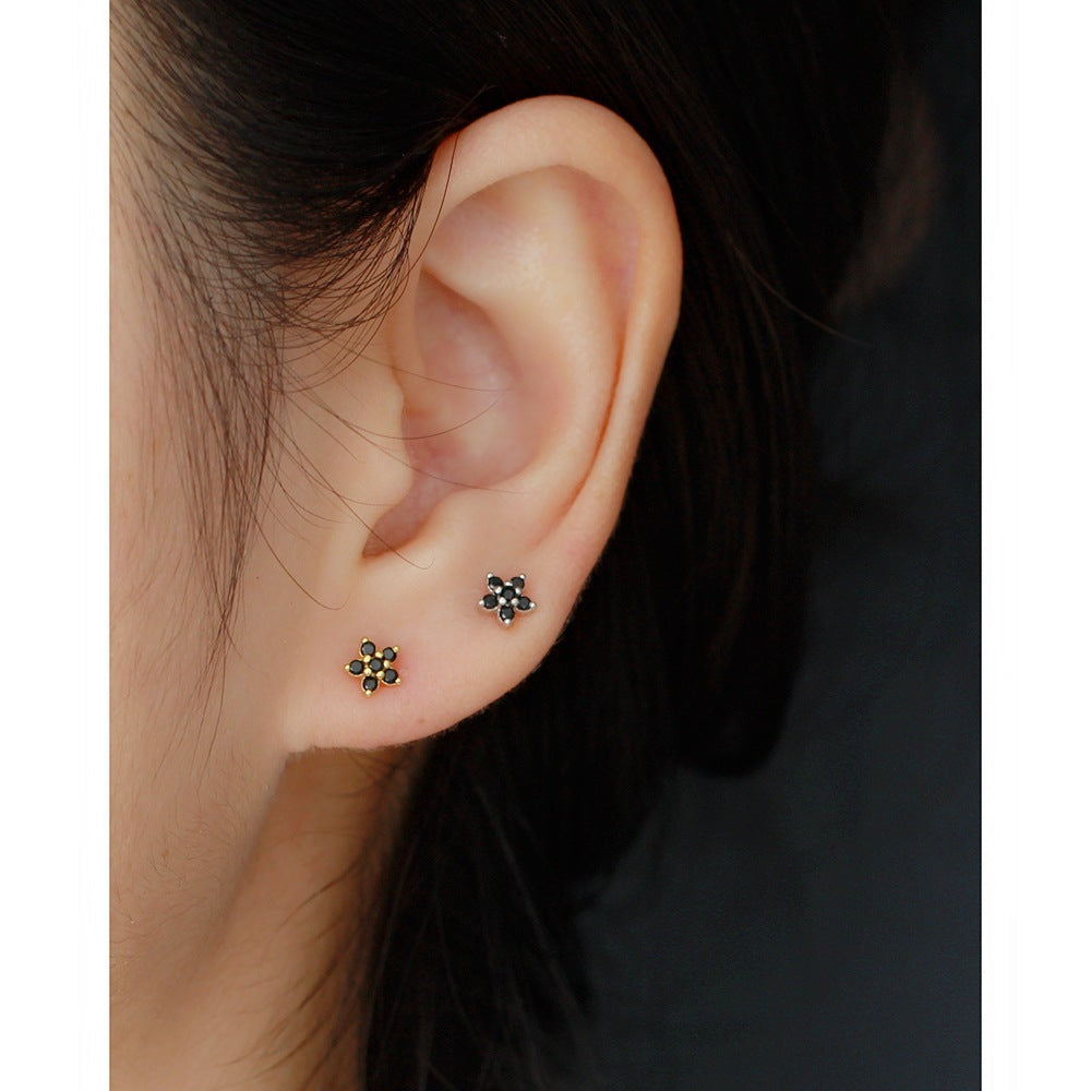 Pendientes de tuerca minimalistas de plata con diseño floral y circonita para mujer, pendientes de plata de ley 925 tipo ear cuff y piercing para cartílago