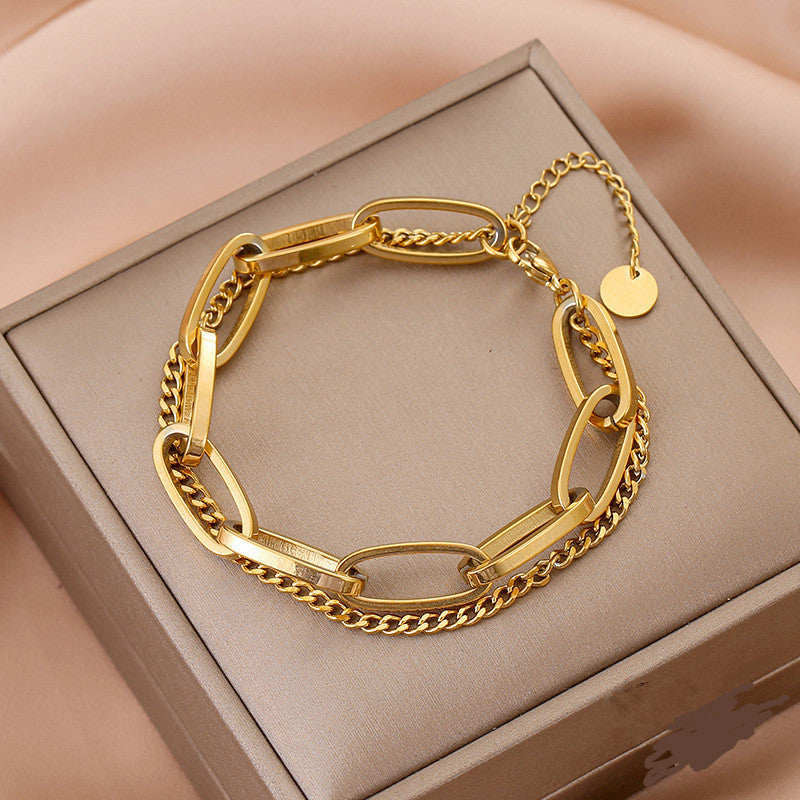 Retro Chic Two-Tone Thick Stainless Steel Bracelet for Women with Gold Plating and Edgy Sweet Style