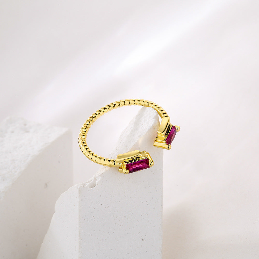 Anello Aperto Geometrico Minimalista da Donna in Rame con Placcatura in Oro e Intarsio di Zirconi Arcobaleno
