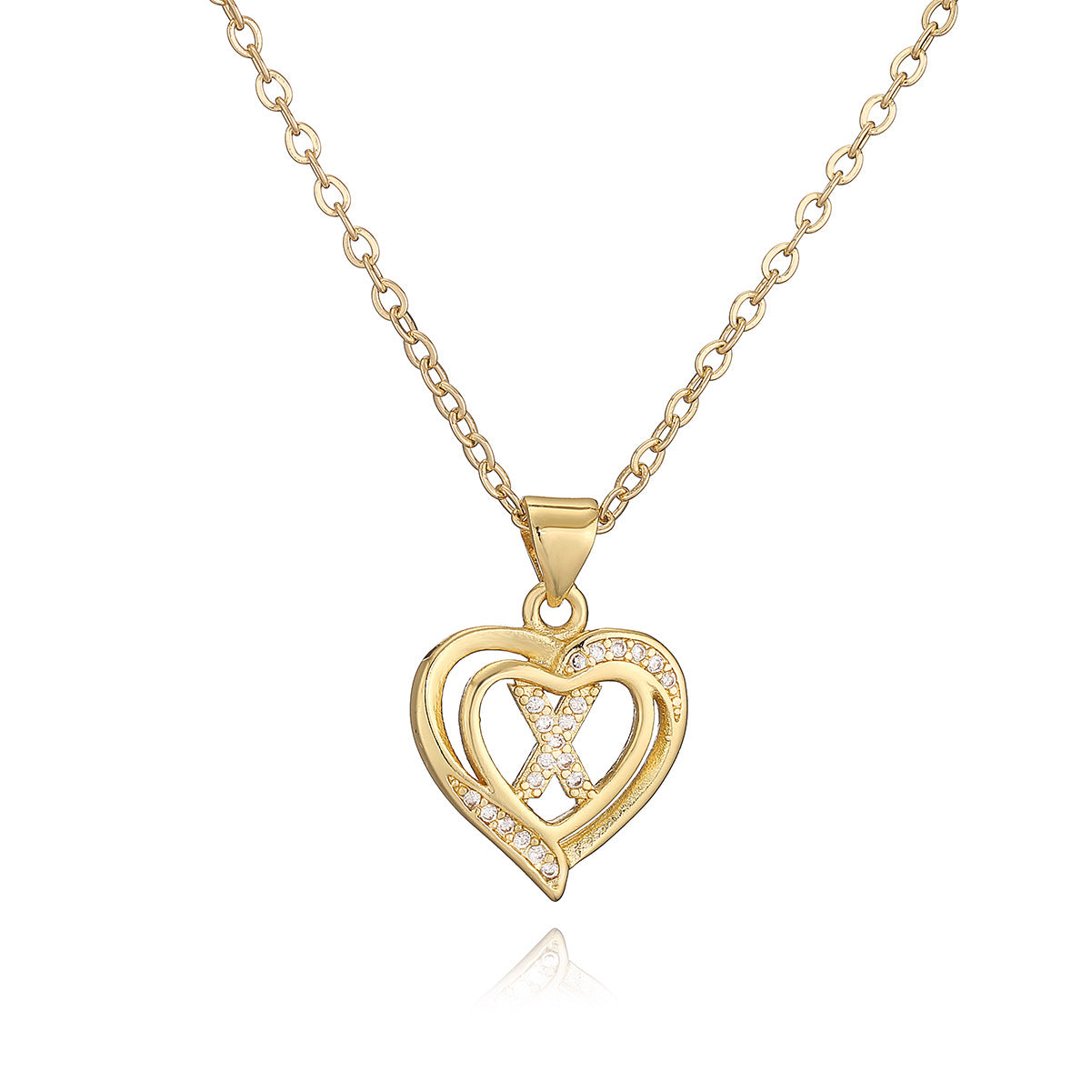 Collana con Pendente Minimalista in Rame, Placcatura in Oro 18K e Dettagli in Zircone a Forma di Cuore e Lettera per Donne