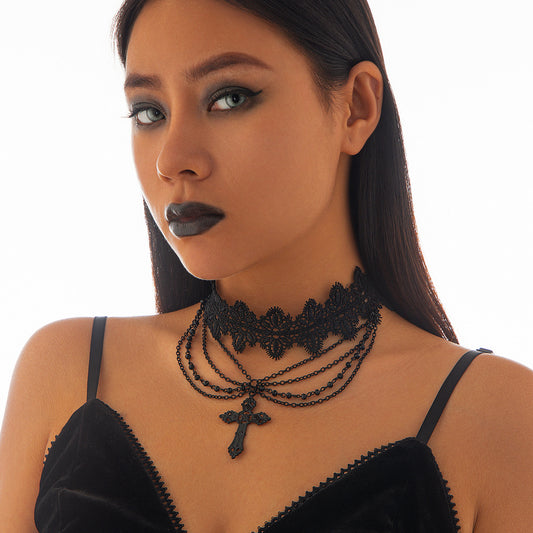 Punk Geometric Cross Alloy Pendant Crystal Beaded Choker Necklace with Tassel for Women