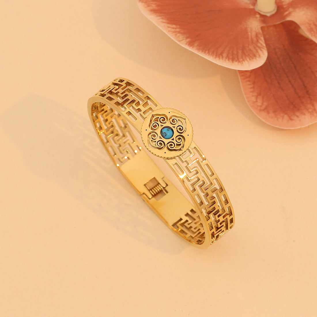 Vintage Style Turquoise-Inspired Hollow Stainless Steel Bracelet with Plated Finish