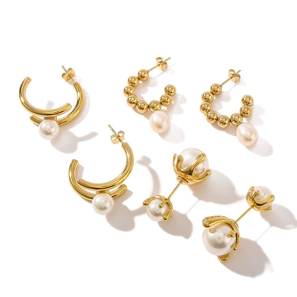 Vintage French Style Geometric C-Shaped Stainless Steel Earrings with Pearl Inlay Plated in 18K Gold for Women