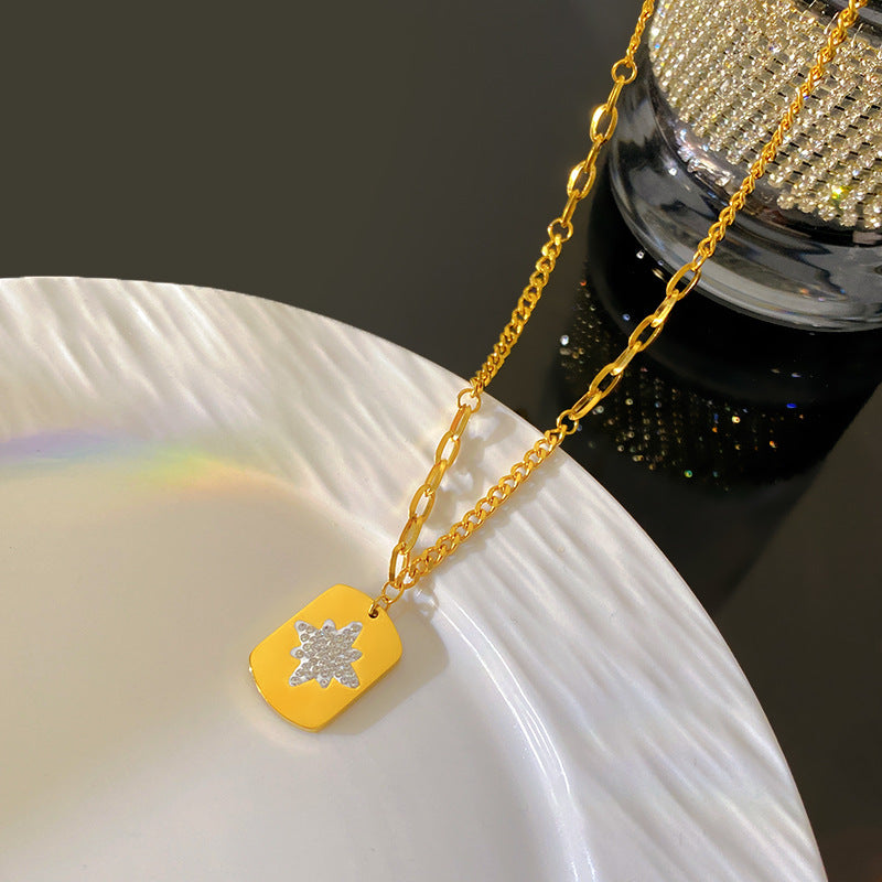 Micro-Paved Cubic Zirconia Eight-Pointed Star Square Titanium Steel Gold Plated Necklace