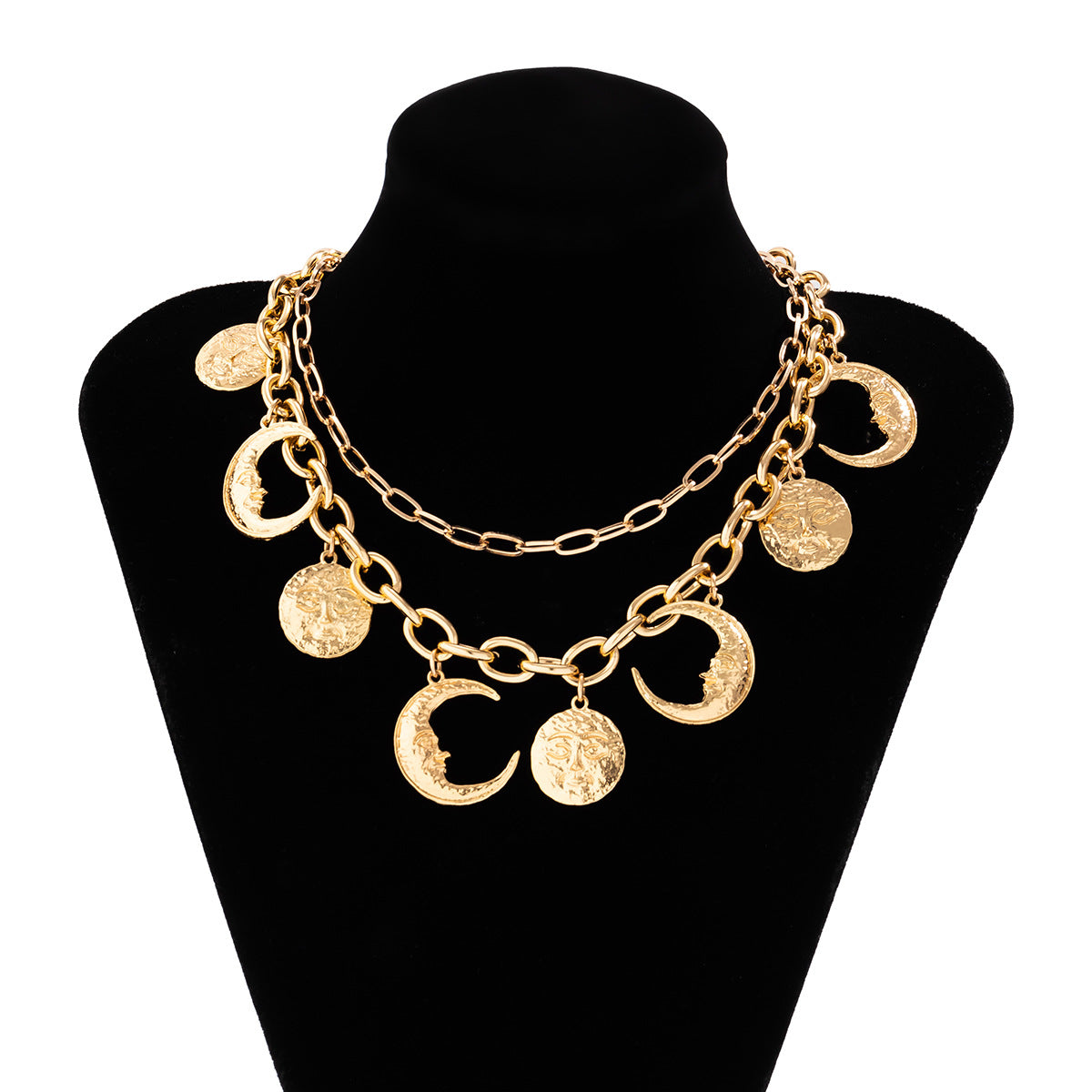 Collana con Pendente a Mezzaluna Stile Vintage con Catena a Doppio Strato e Dettagli Nappa per Donna in Lega con Finitura Galvanica