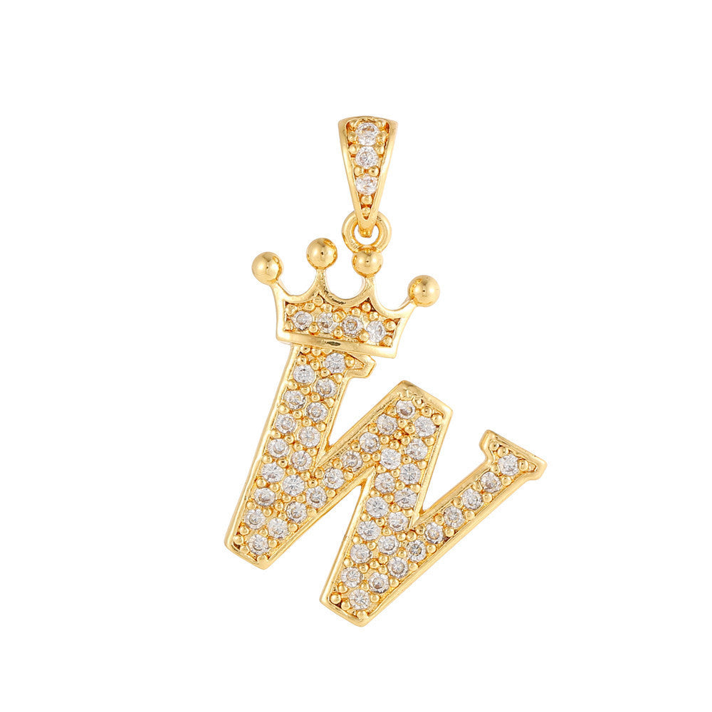 Gold Plated Brass Crown Letter Charm Bar with Cubic Zirconia for DIY Necklace Bracelet