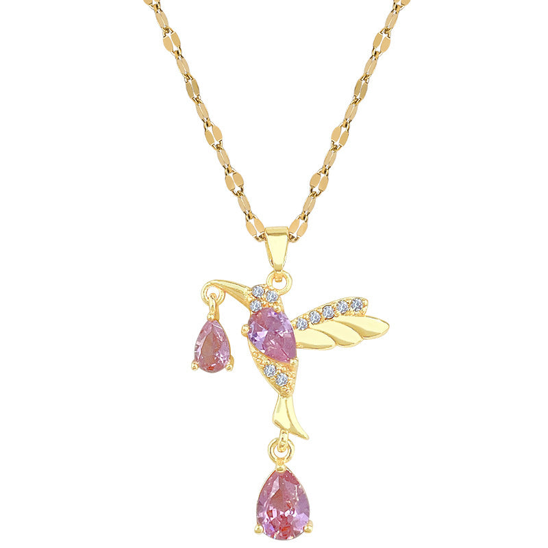 Sweet Geometric Cartoon Swallow Rhinestone Pendant Necklace Titanium Steel Cable Chain for Unisex
