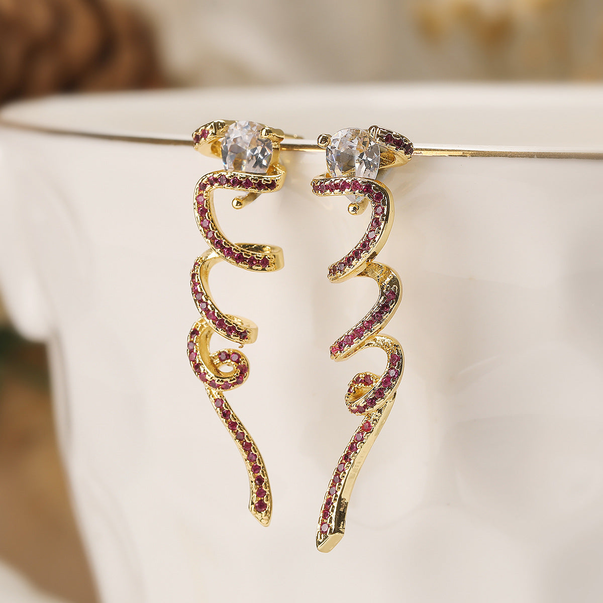 Geometric Dangle Stud Earrings for Women with Gold-Plated Copper Base and Zircon Inlay in Modern Minimalist Style