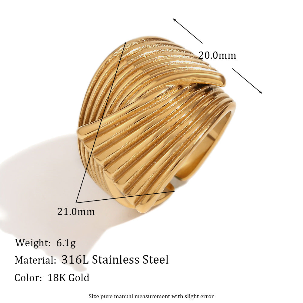 Anello da donna a forma di ventaglio in acciaio inossidabile placcato oro 18 carati con onda geometrica vintage