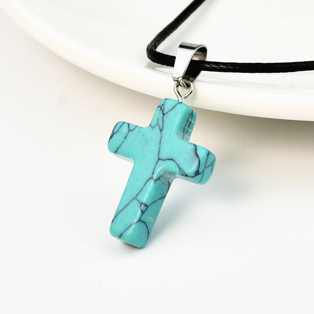 Minimalist Cross Crystal Agate Turquoise Pendant Necklace Unisex