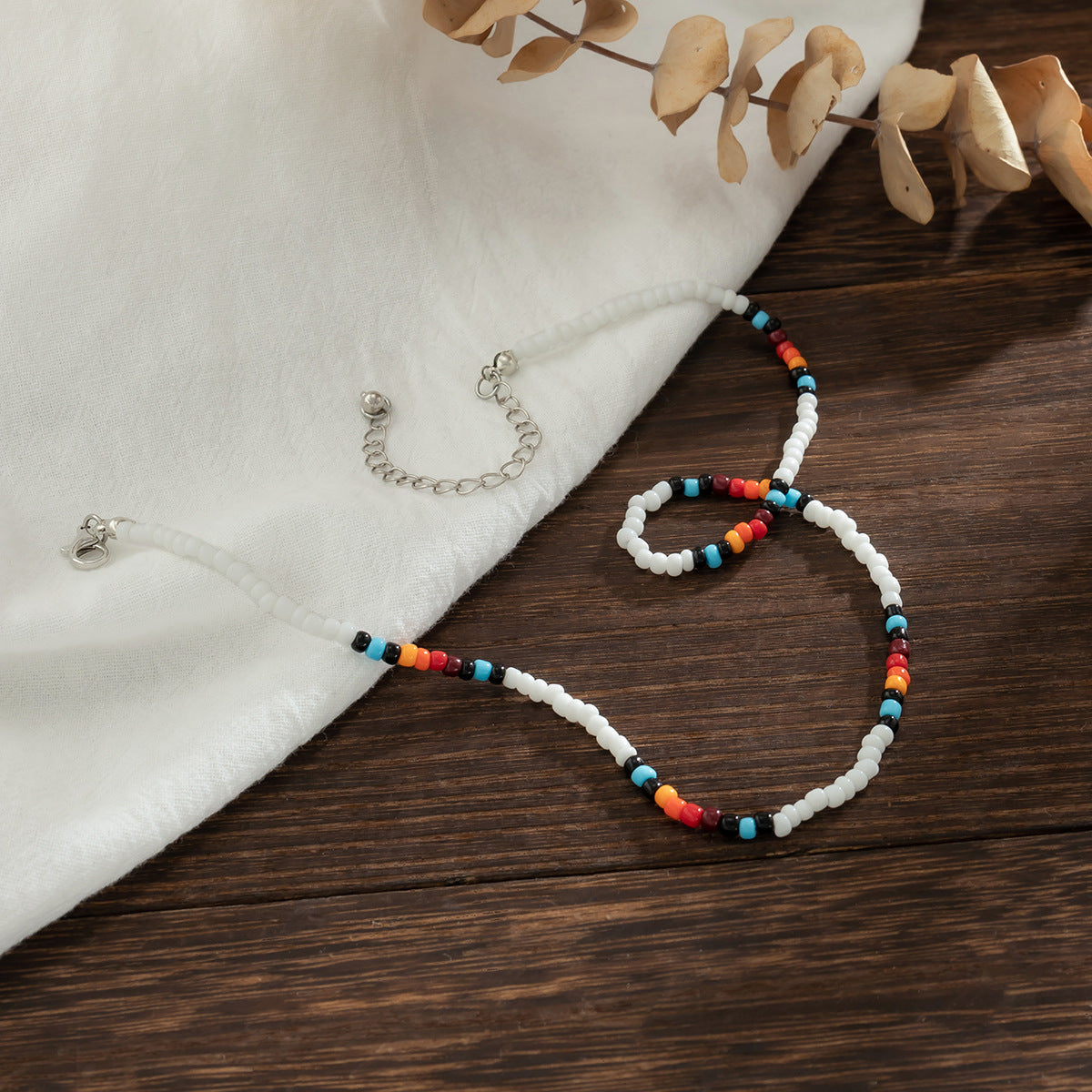 Handmade Bohemian Style Geometric Turquoise Beaded Necklace with Irregular Resin Beads on Round Ball Chain for Women