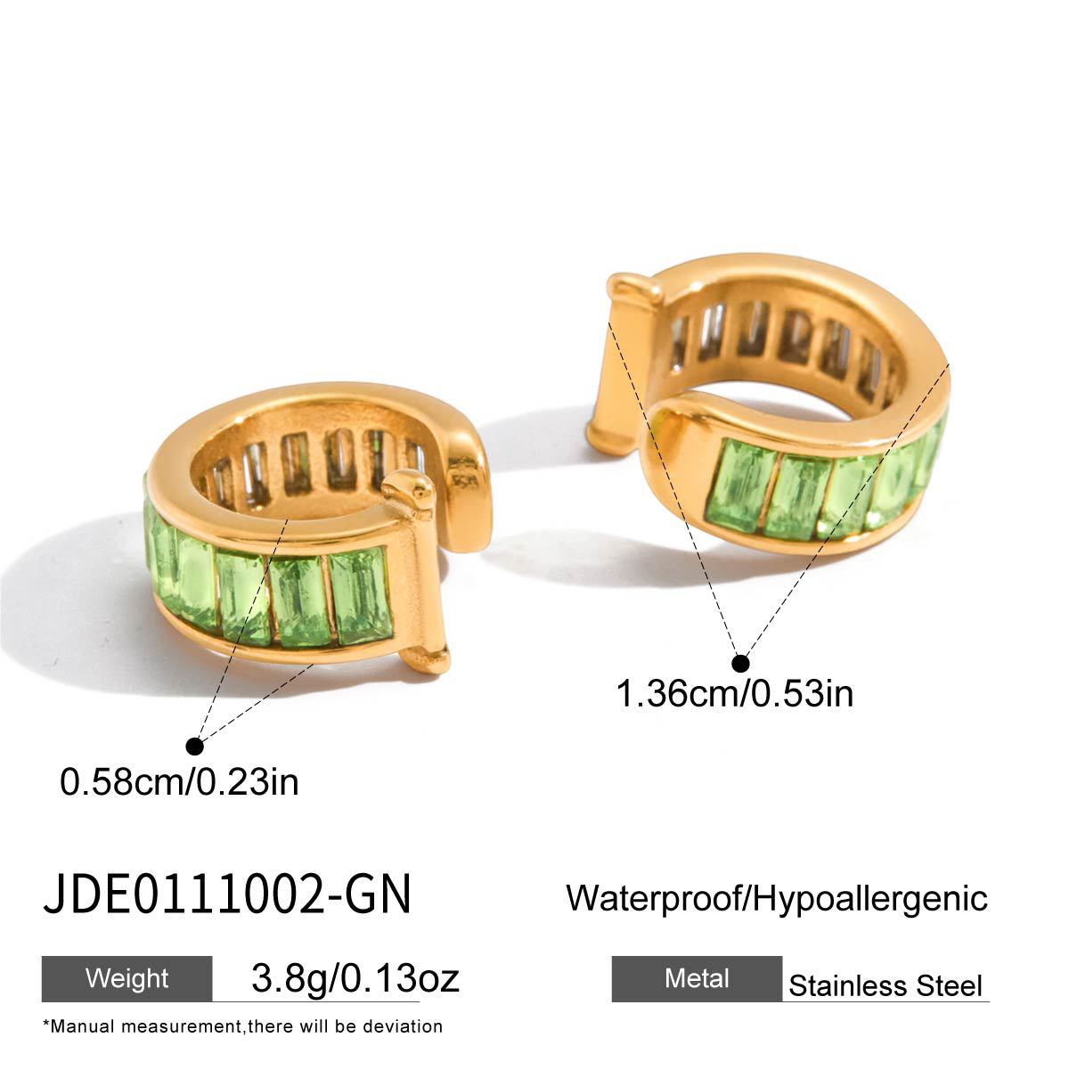 Minimalist Green Rhinestone Triangle Geometric Stainless Steel Clip-On Earrings for Women