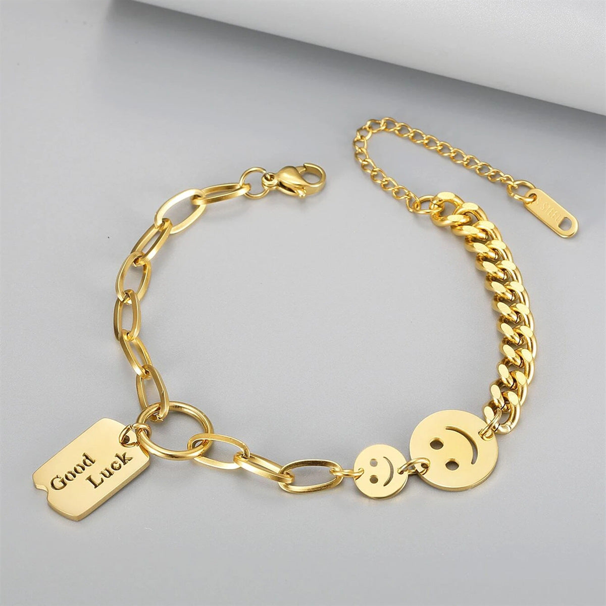 Personalized Minimalist Square Pendant Stainless Steel Bracelet for Women with Polished Finish and Smiley Design
