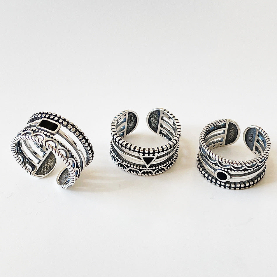 Anello aperto geometrico in argento sterling 925 con accenti circolari, triangolari e quadrati, stile coreano giapponese vintage, gioielli da donna