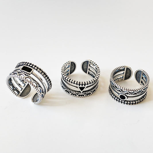 Anillo abierto geométrico de plata de ley 925 con detalles circulares, triangulares y cuadrados, estilo coreano japonés vintage, joyería de mano para mujer