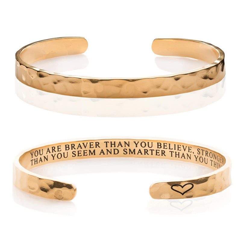 Minimalist Stainless Steel Engraved Open Moon Surface Textured Hammered Bracelet