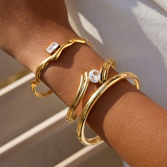 Minimalist Geometric Titanium Steel Open Bangle Bracelet with Zirconia Plating for Women