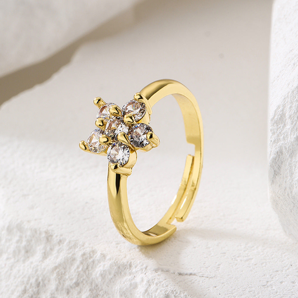 Geometric Floral Open Ring for Women in Copper with 18K Gold Plating and Zircon Inlay