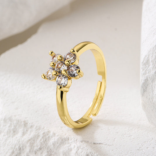 Anillo abierto floral geométrico para mujer en cobre con chapado en oro de 18 quilates e incrustaciones de circonitas