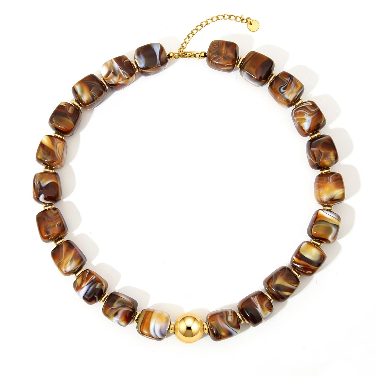 Bohemian Casual Geometric Resin Beaded Necklace with Acrylic Gold Ball Pendant Unisex Cable Chain