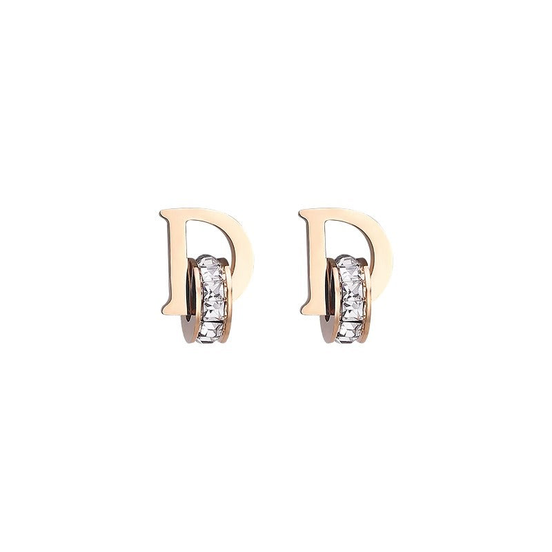 Minimalist Geometric Titanium Steel Letter D Stud Earrings for Women with Rhinestone Inlay and Plated Finish