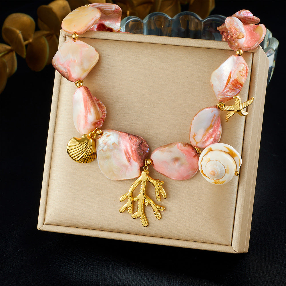 Fashion Gold Plated Stainless Steel Starfish Shell Coral Chain Jewelry Set for Women