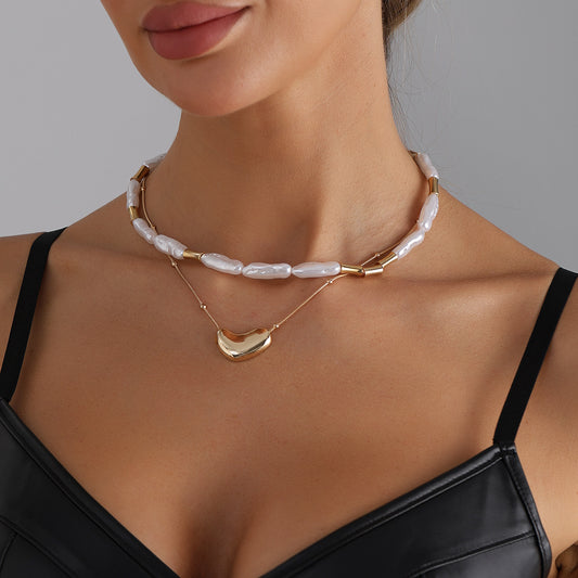 Minimalist Geometric Heart Alloy Plated Necklace with Pearl Accents for Women