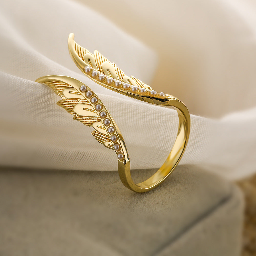 Geometric Wing-Shaped Copper Ring with Real Gold Plating and Zircon Inlay for Women