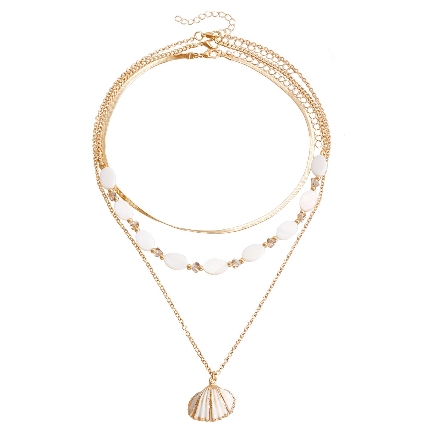 Vintage Ocean-Inspired Multi-Layer Clavicle Necklace with Oval Mother-of-Pearl Beads and Geometric Shell Pendant in Plated Finish