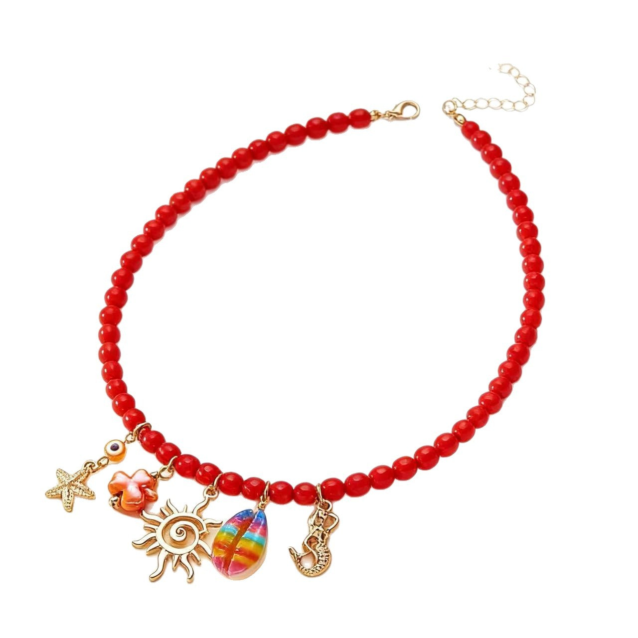Collana bohémien fatta a mano con perline di vetro geometriche a forma di sole e conchiglia con ciondoli in lega di corallo rosso per donna