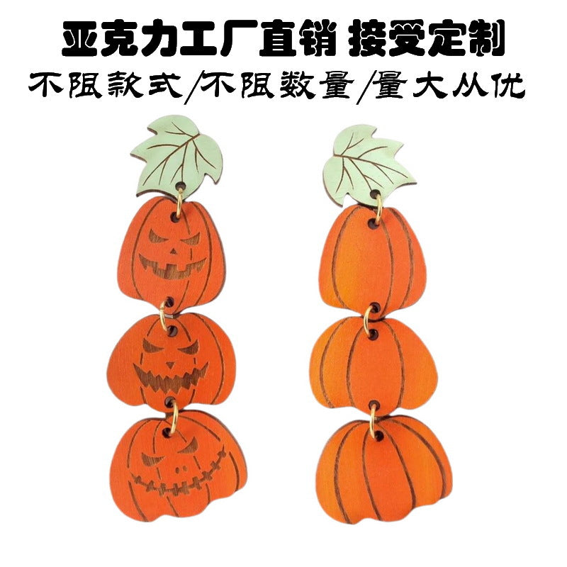 Exaggerated Halloween Pumpkin and Leaf Wooden Earrings for Women with Fruit and Botanical Design