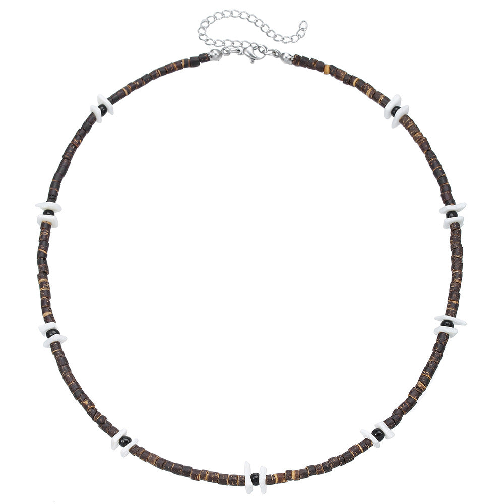 Bohemian Geometric Round Wood Coconut Shell Resin Inlaid Stainless Steel Ball Chain Necklace for Unisex